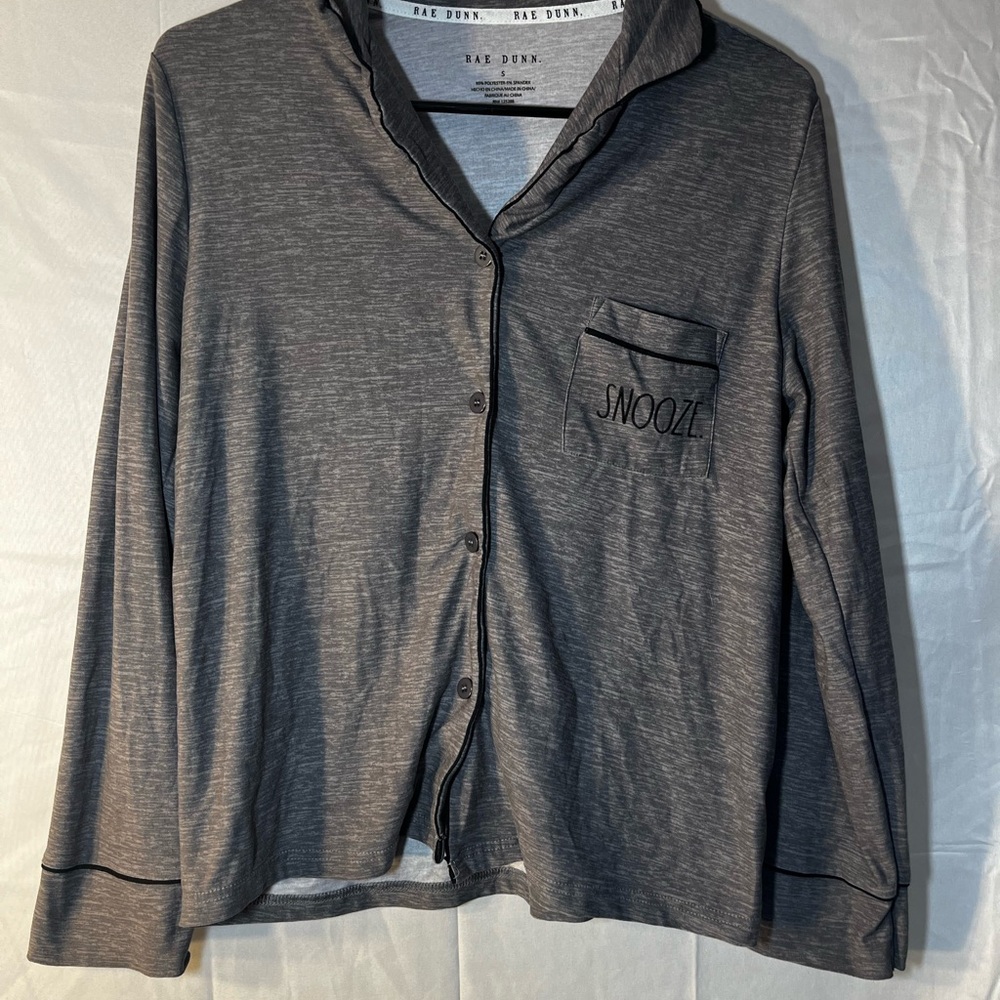 RAE DUNN Snooze Gray Button‎ Front Pajama Top Women’s Small Long Sleeve Lounge